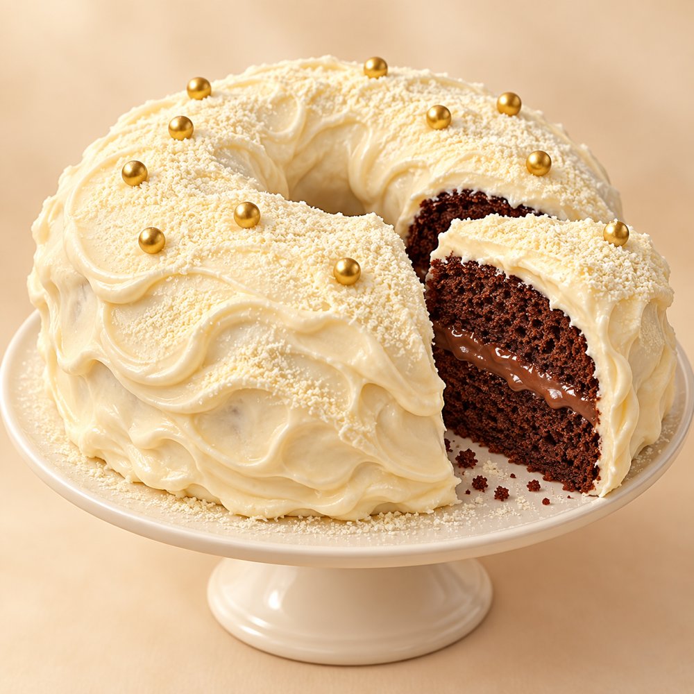 Bolo nuvem de chocolate com cobertura de mascarpone e pérolas douradas, fatiado num prato de bolo branco