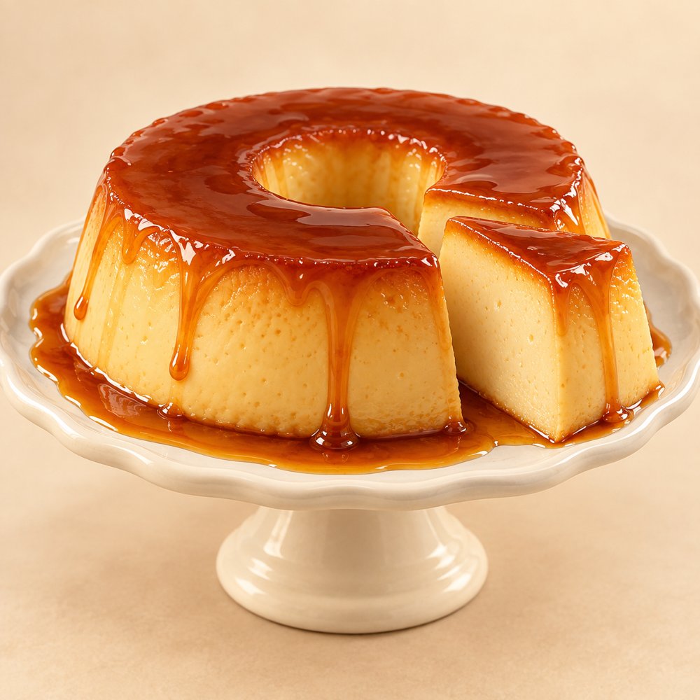 Pudim de leite condensado com calda de caramelo, fatiado num prato de bolo branco